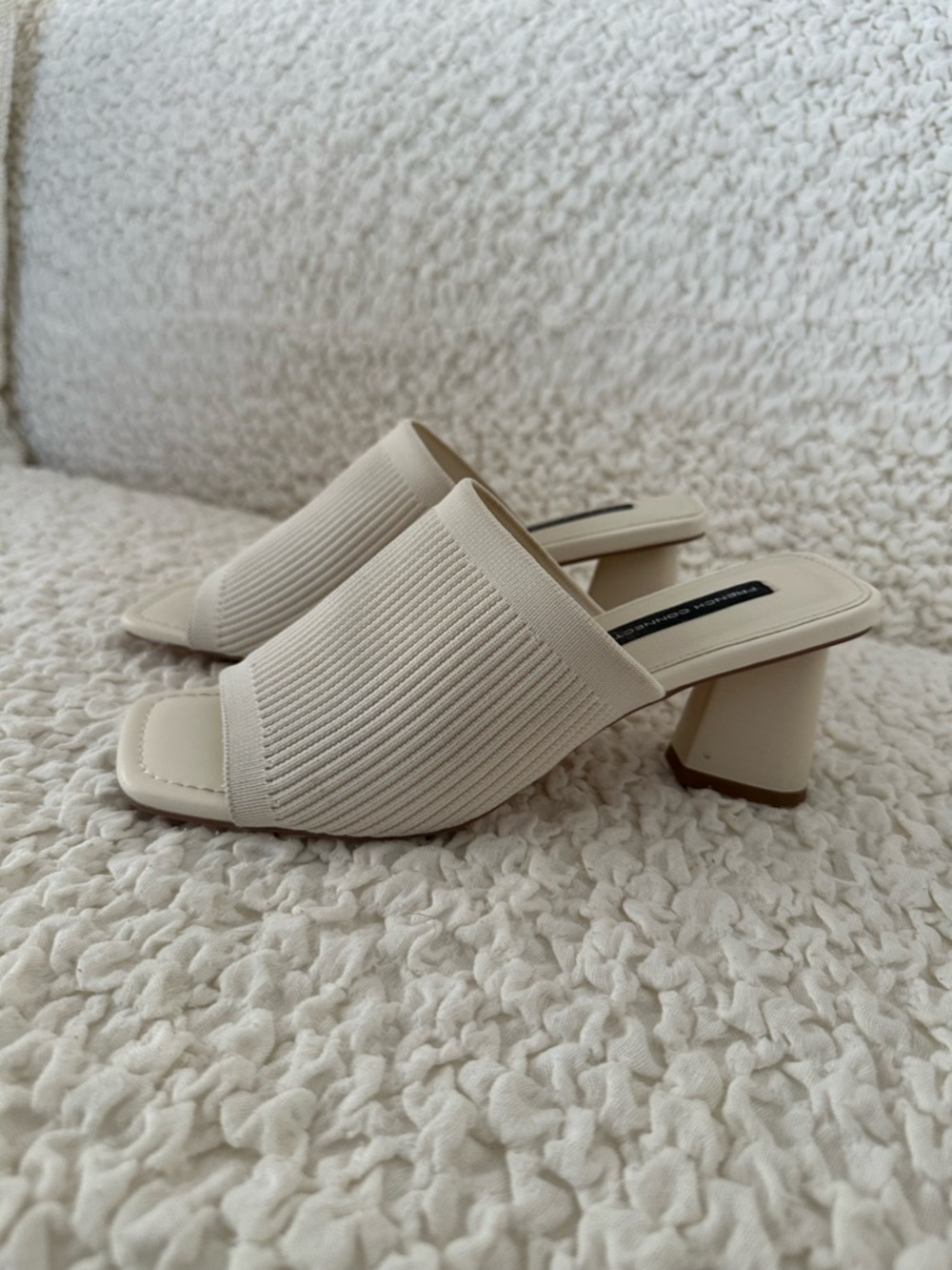French Connection Cream Knit Block Heel Mules